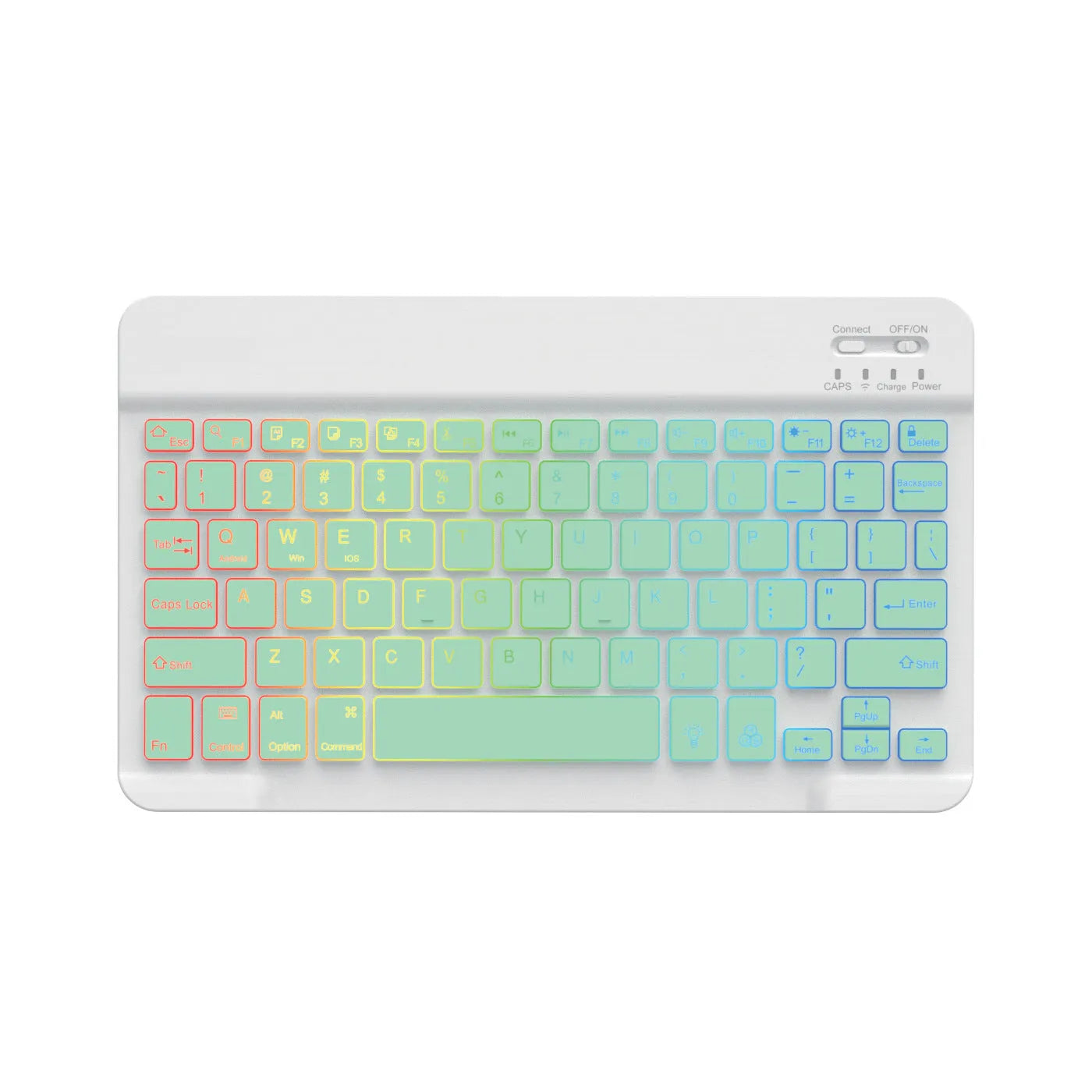 10-inch black Bluetooth keyboard with colourful blue backlighting, shown with a charging cable.