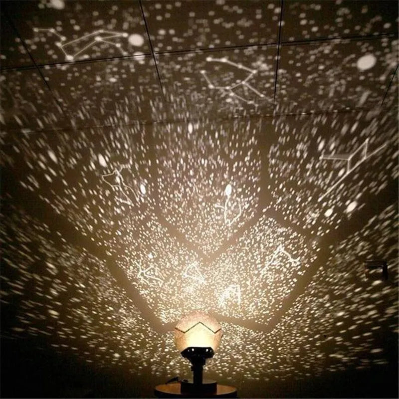LED star projector showing 3D constellation projection on bedroom ceiling with remote control
