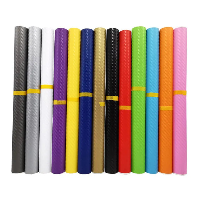 Roll of 3D carbon fiber car stickers showing eight colour options for vehicle interior and exterior decoration