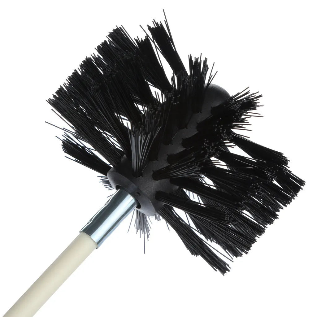 Flexible chimney and dryer vent cleaning brush with nylon bristles, showing bendable pole.