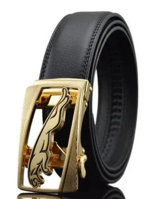 Men's black leather belt with an automatic buckle on a 3.5 cm wide cowhide strap.