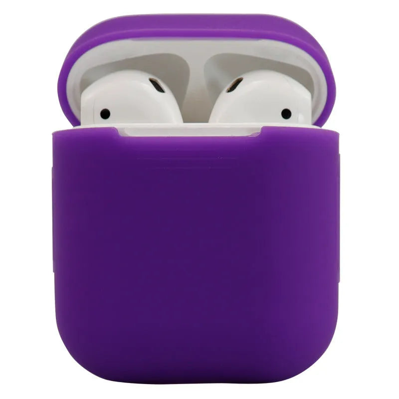 Silicone protective case for AirPods 2nd generation wireless earbuds in various colours showing 56x47x24mm dimensions