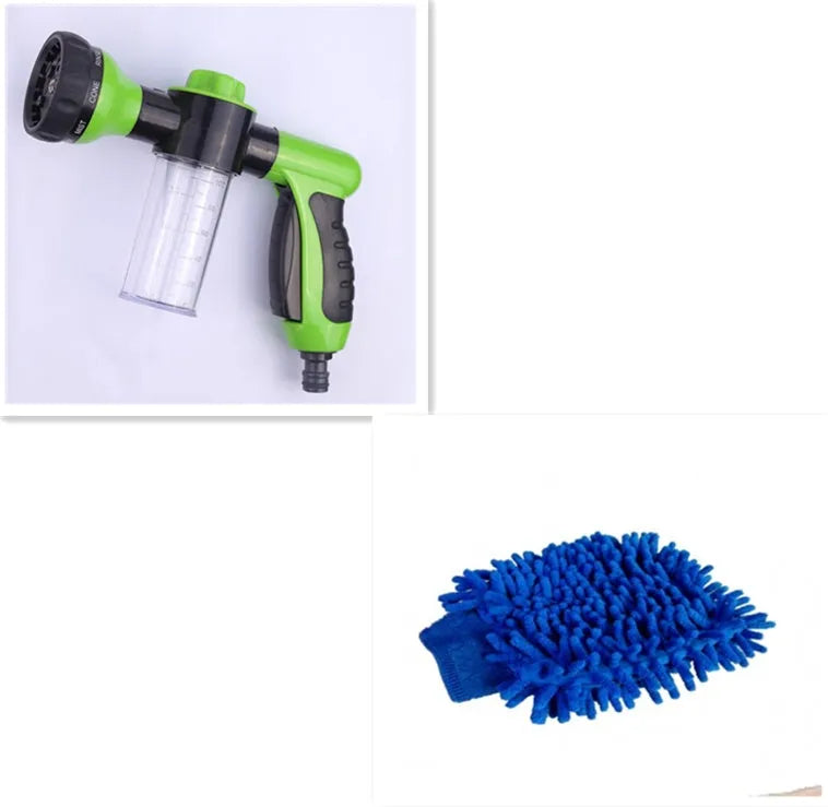Green high pressure foam spray gun with adjustable nozzle for car washing and household cleaning.
