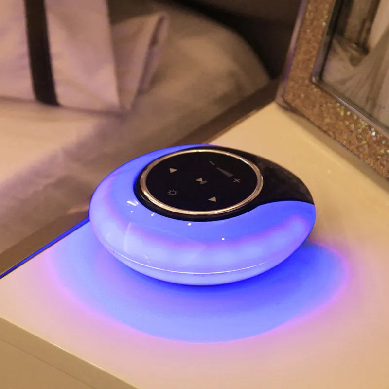 Blue plastic Bluetooth speaker desk lamp with LED lighting and touch controls