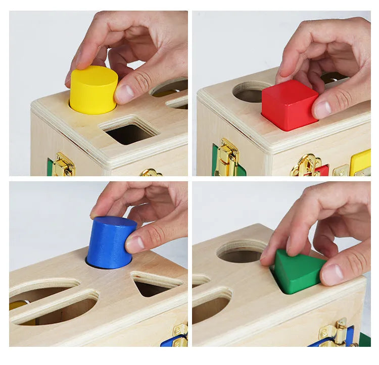 Wooden educational shape lock box preschool toy with 12 matching pieces