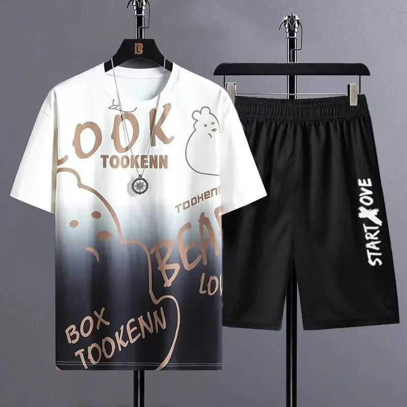 Men's summer suit with short sleeve t-shirt and matching shorts in lightweight polyester fabric