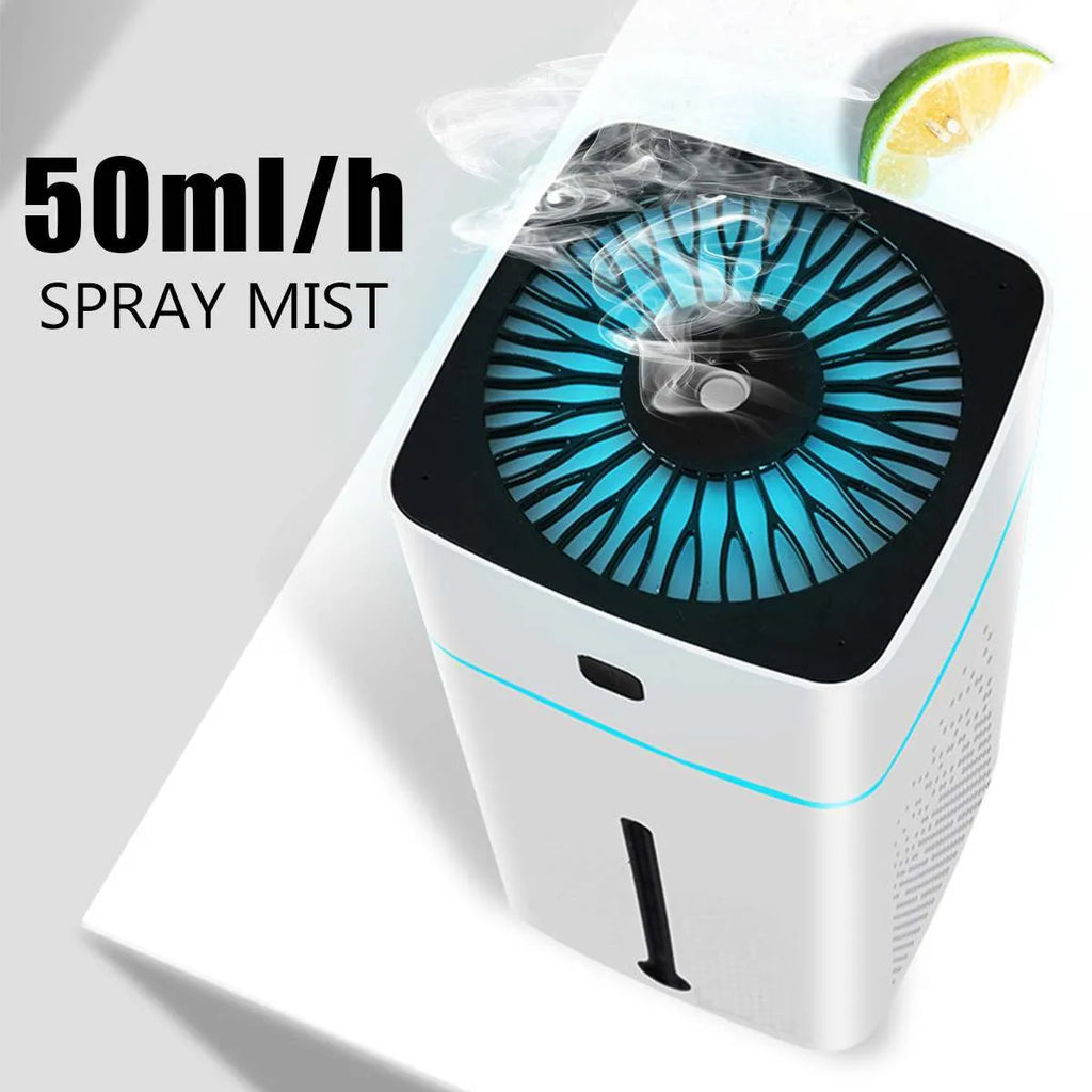 Black and white desktop humidifier measuring 103x103x218mm with USB connection port