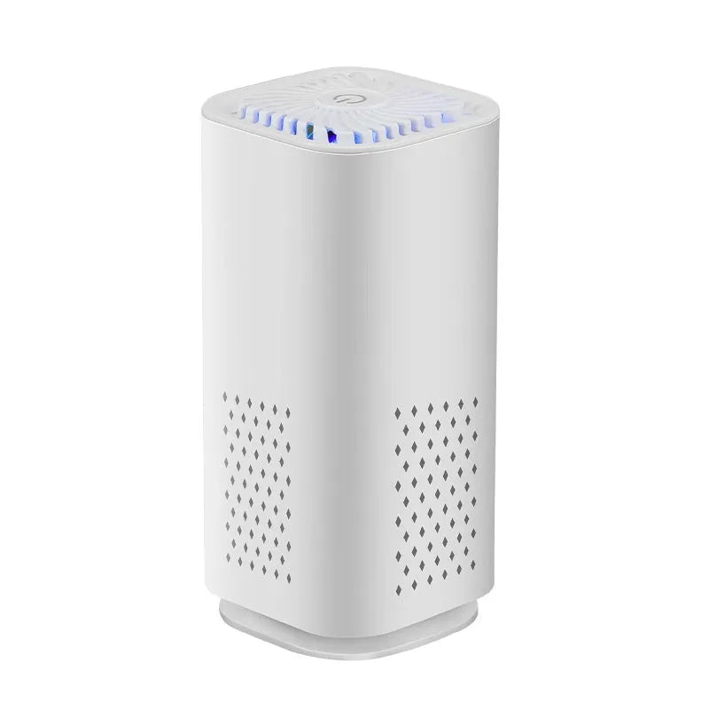 Mini USB car air purifier in white and black colours for small spaces