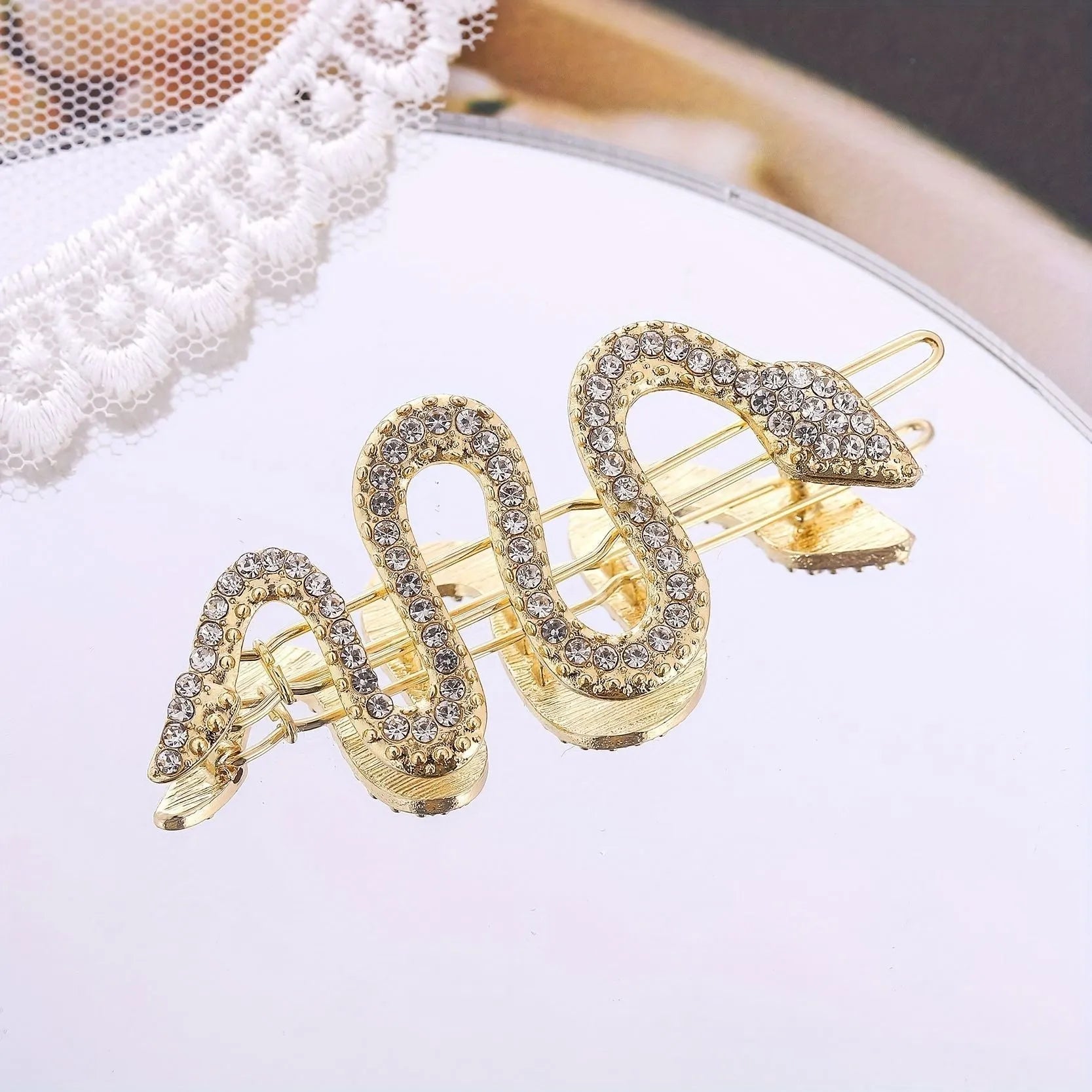 Vintage snake design rhinestone hair barrette with electroplated gold or silver finish