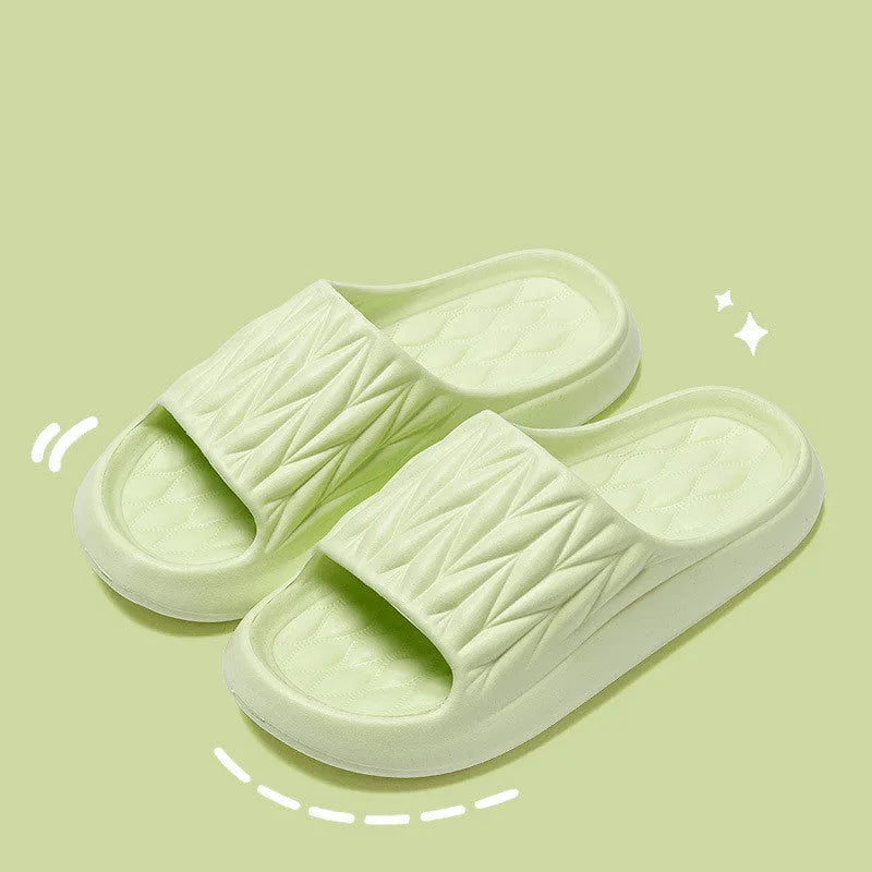 Leaf texture design EVA slippers for indoor use, shown in available colours.