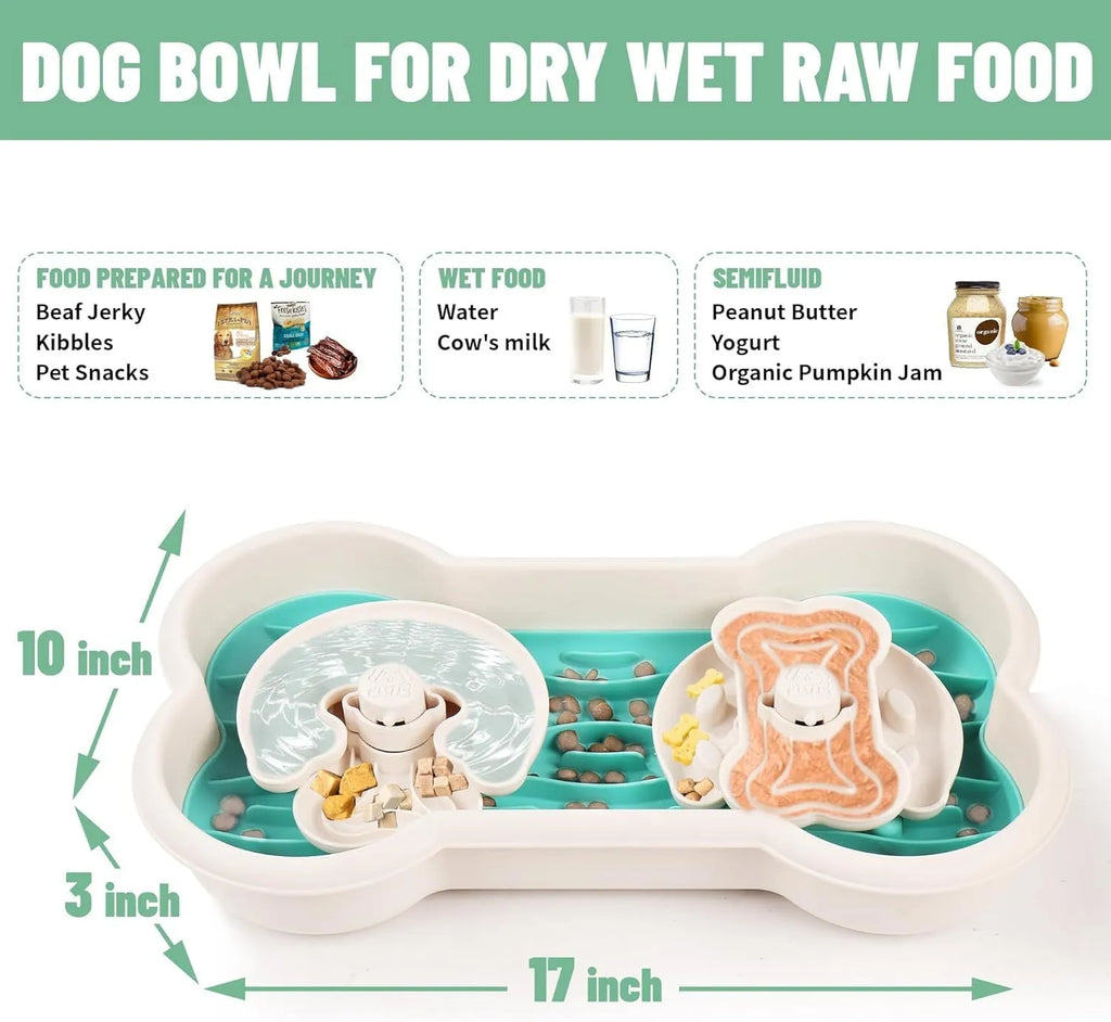 Large green slow feeder dog bowl with three rotating puzzle trays and non-slip suction cups on base