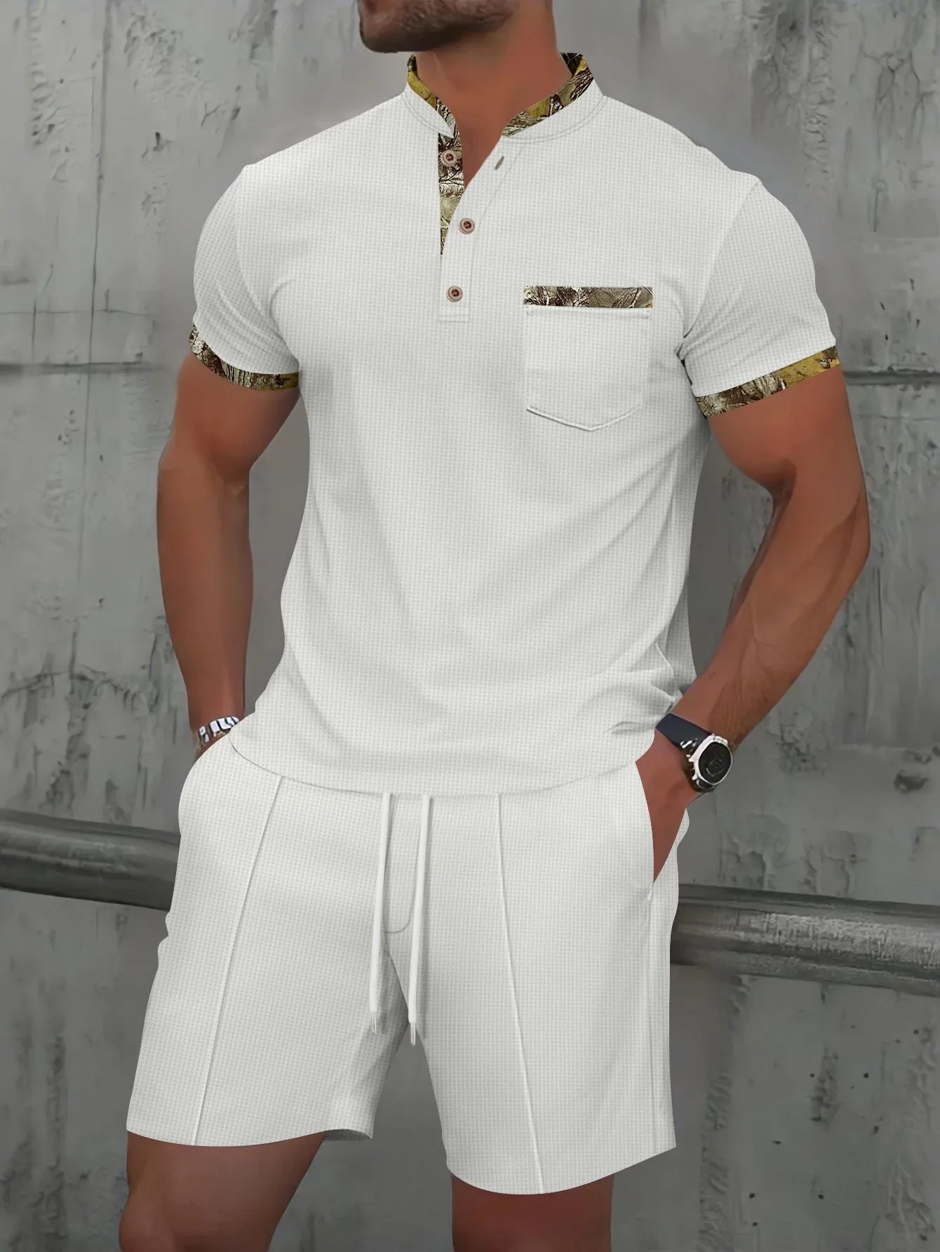Men's grey cotton blend short sleeve zip-up jacket with matching shorts summer suit