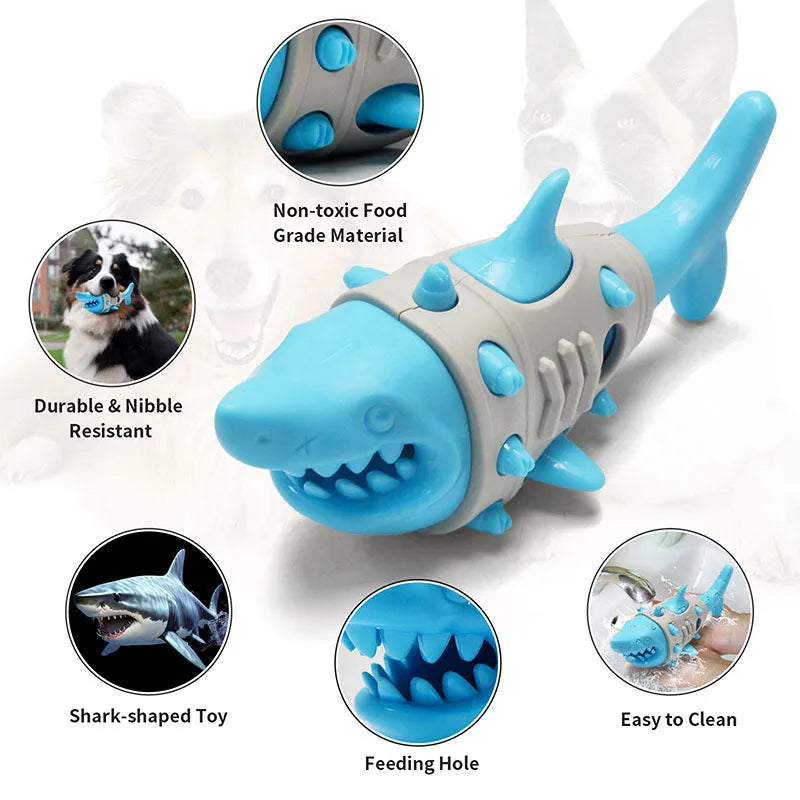 Blue durable rubber dog toy with shark-tooth texture and leaky design for teething puppies