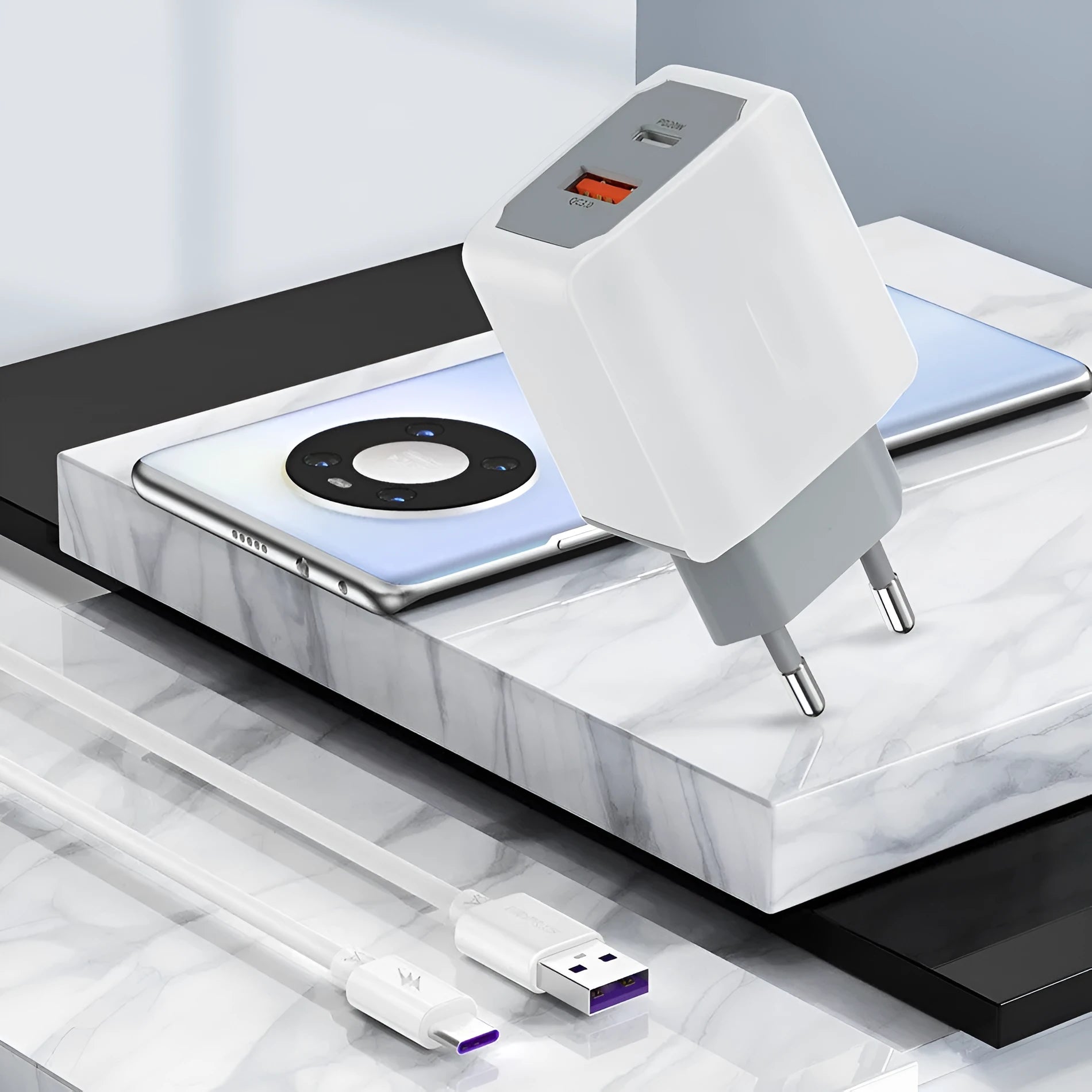White European standard USB fast charger set with fireproof ABS PC charging head and cable.