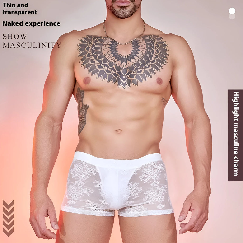 Nylon lace men's boxers in black, displayed flat to show elasticated waistband and lace fabric texture.