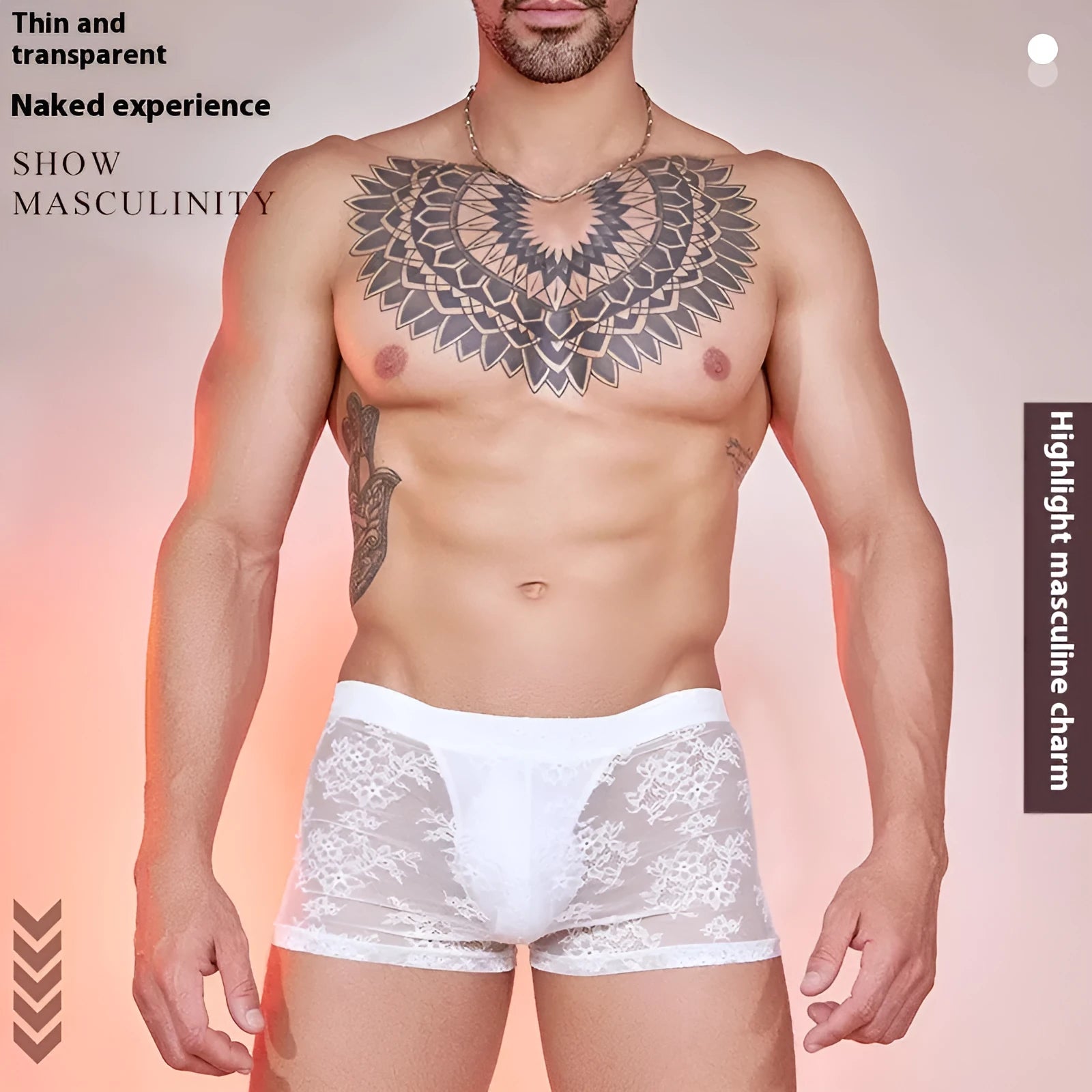 Nylon lace men's boxers in black, displayed flat to show elasticated waistband and lace fabric texture.