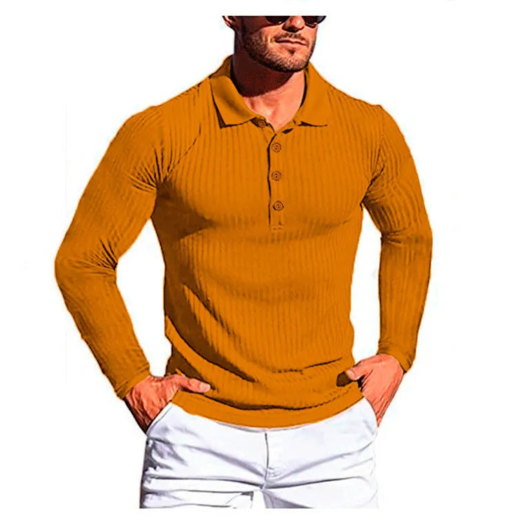 Man wearing a loose-fitting, striped, short-sleeve polyester shirt in a neutral colour.