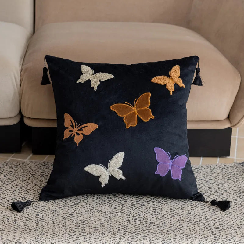 Butterfly embroidered Chinese style cushion in beige black purple colours measuring 45x45cm