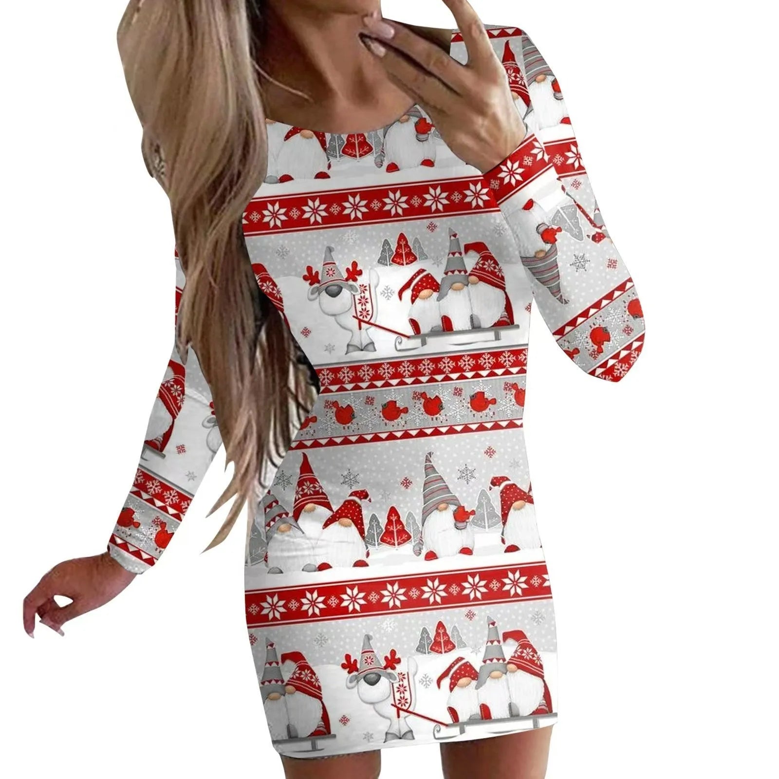 Women's Christmas printed dress with animal patterns, round neck, long sleeves in floral colours