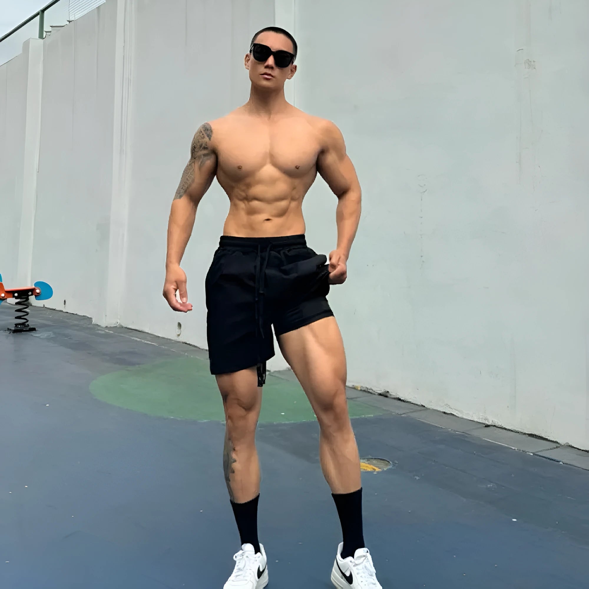 Men's ice silk quick-drying double-layer shorts in six colour options with quarter-length design