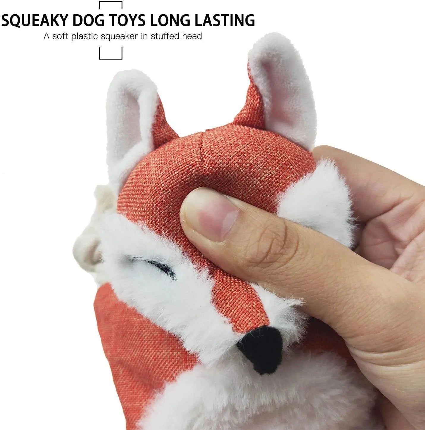 Brown fox-shaped dog toy with squeaker in head, crinkle paper body, and rope arms and legs