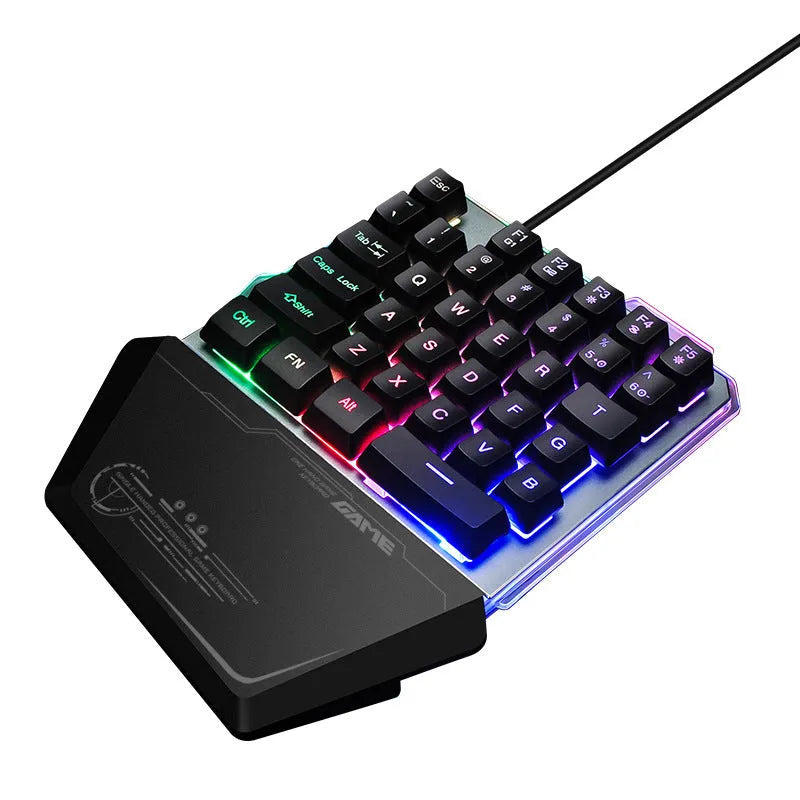 Black robotic one-handed keyboard with RGB backlighting and mechanical switches