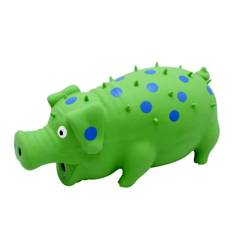 Pig-shaped latex dog chew toy with squeaker in various colours, 20cm long