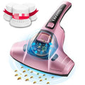 Pink handheld vacuum mite cleaner with UV-C light on cleaning head.