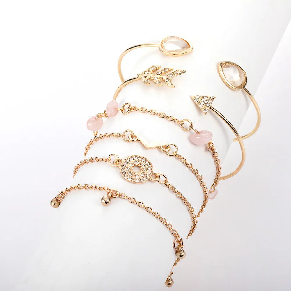 Women's six-piece bracelet set with golden spot drill, arrow and water drop charms