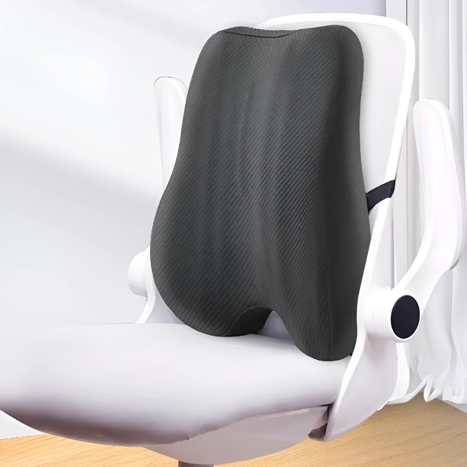 Grey lumbar support pillow for office chair measuring 40cm by 40cm.