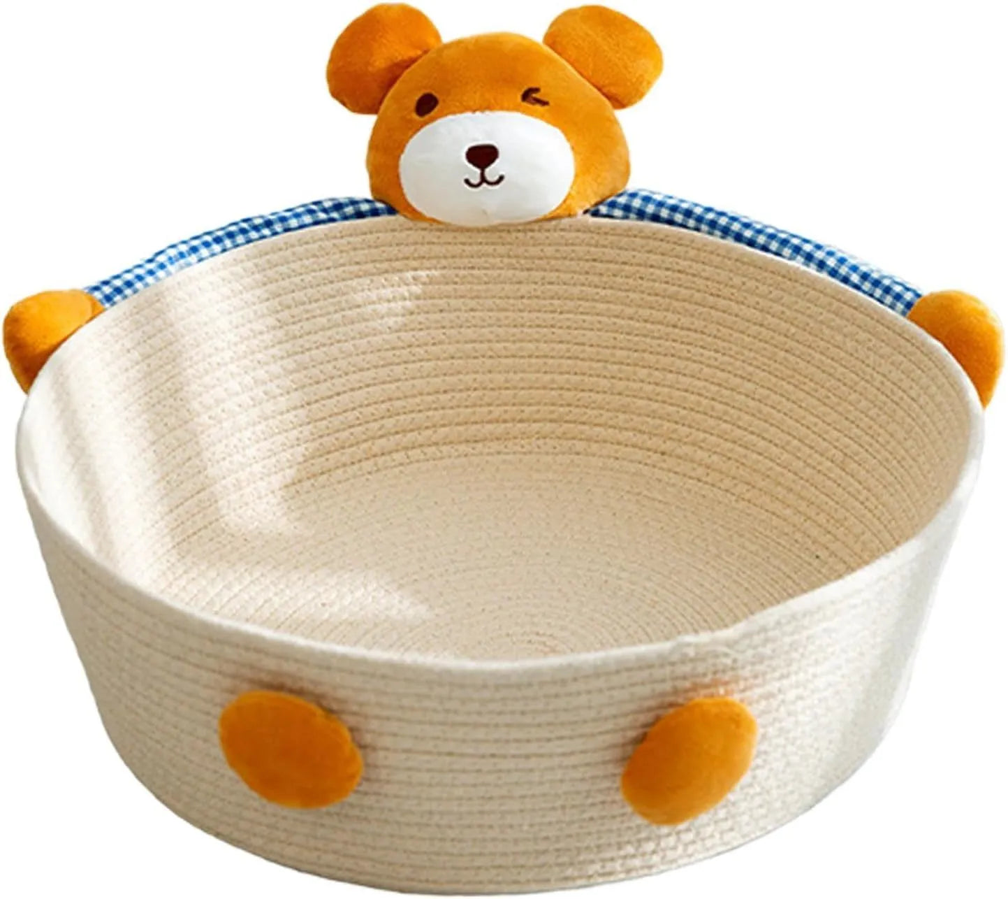 Woven cotton rope pet basket functioning as a cat bed, scratcher, and storage container in a natural colour.