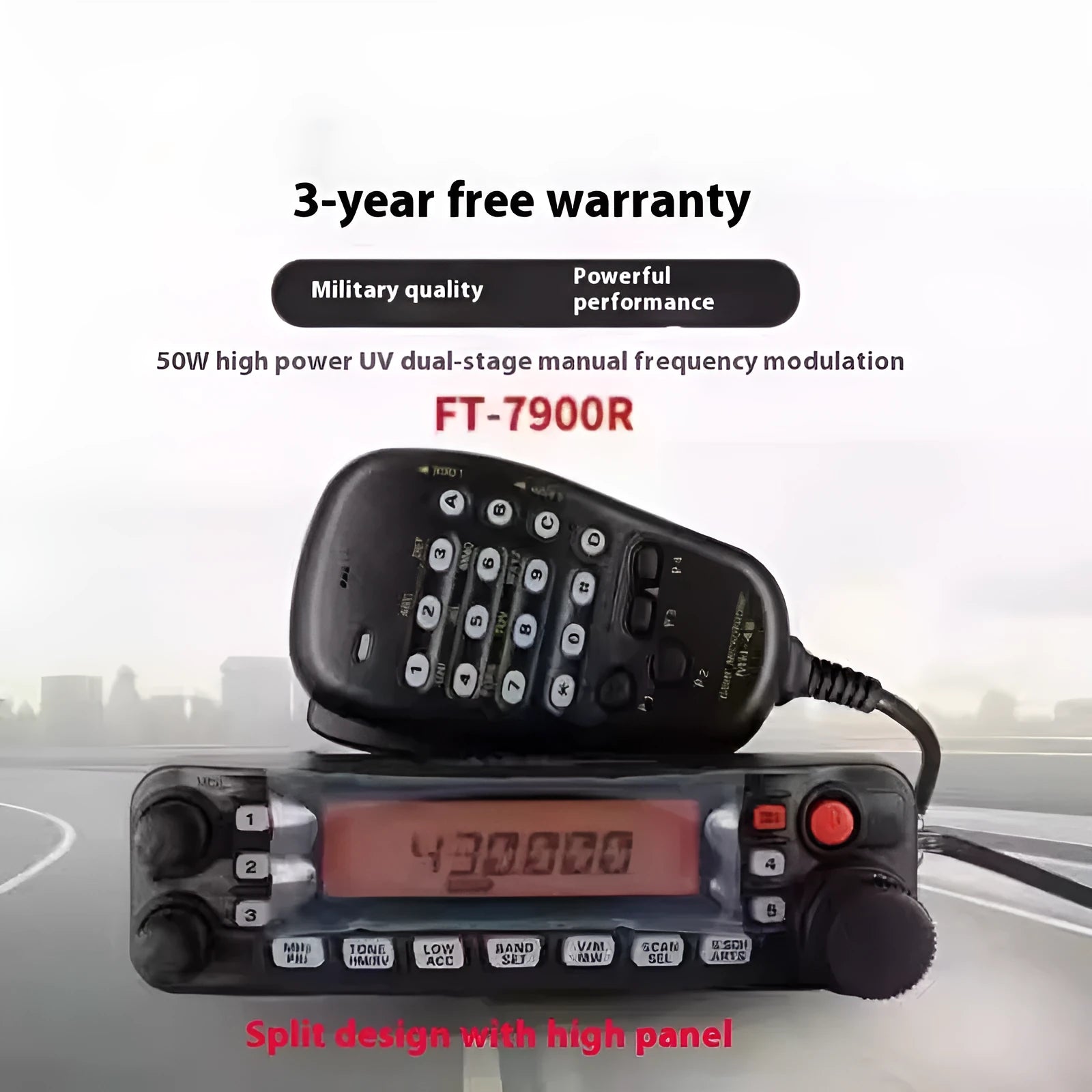 High-power car radio interphone unit with antenna and universal clamp mounting hardware for self-driving tours.