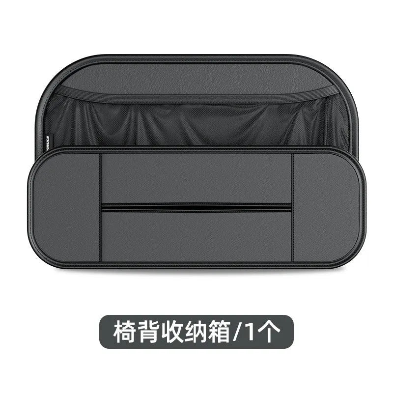 Black leather car seat rear storage bag organiser showing dimensions.