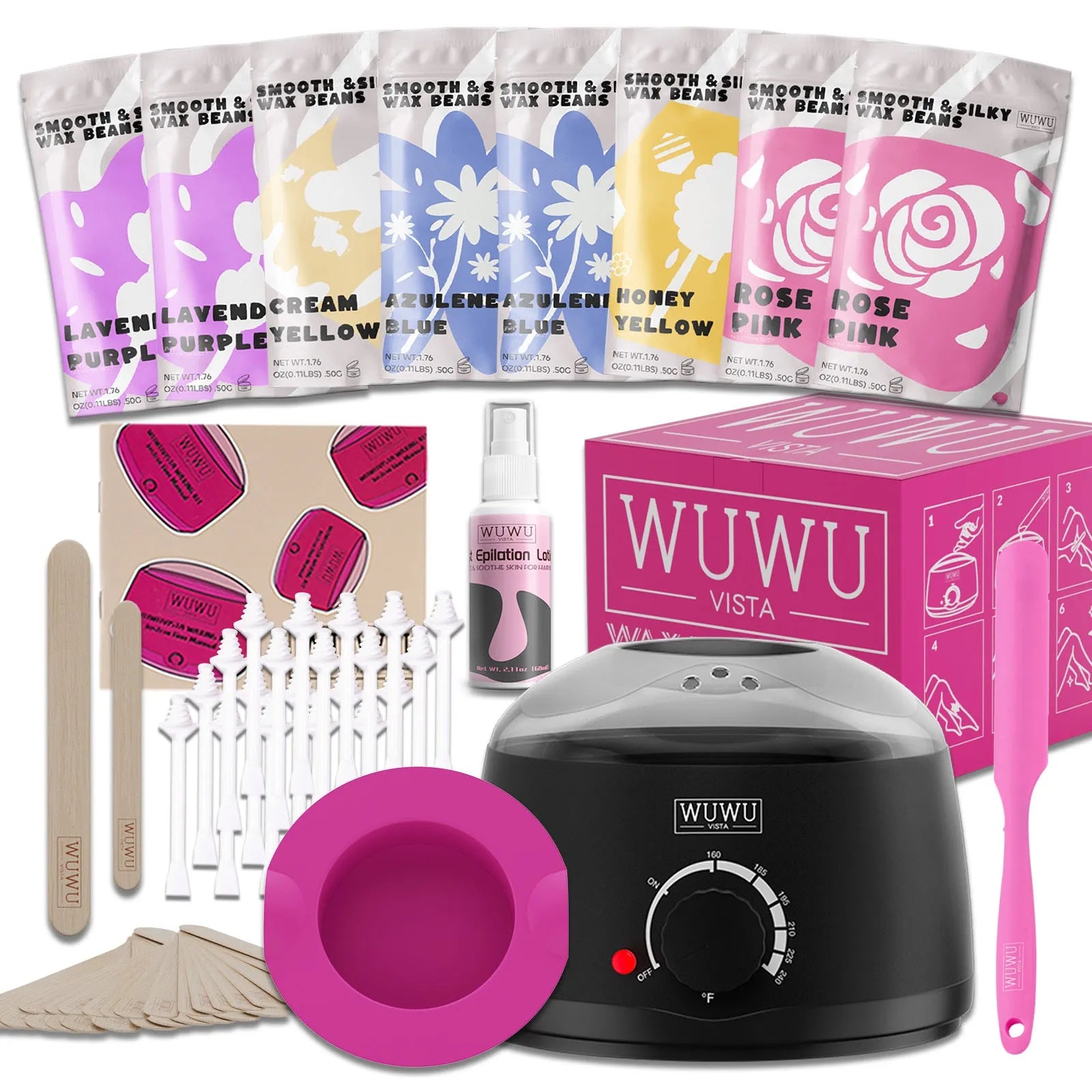 WUWUVISTA 63-piece waxing kit with black wax warmer, pots of wax beans, lotion, and applicator sticks on a pink background.