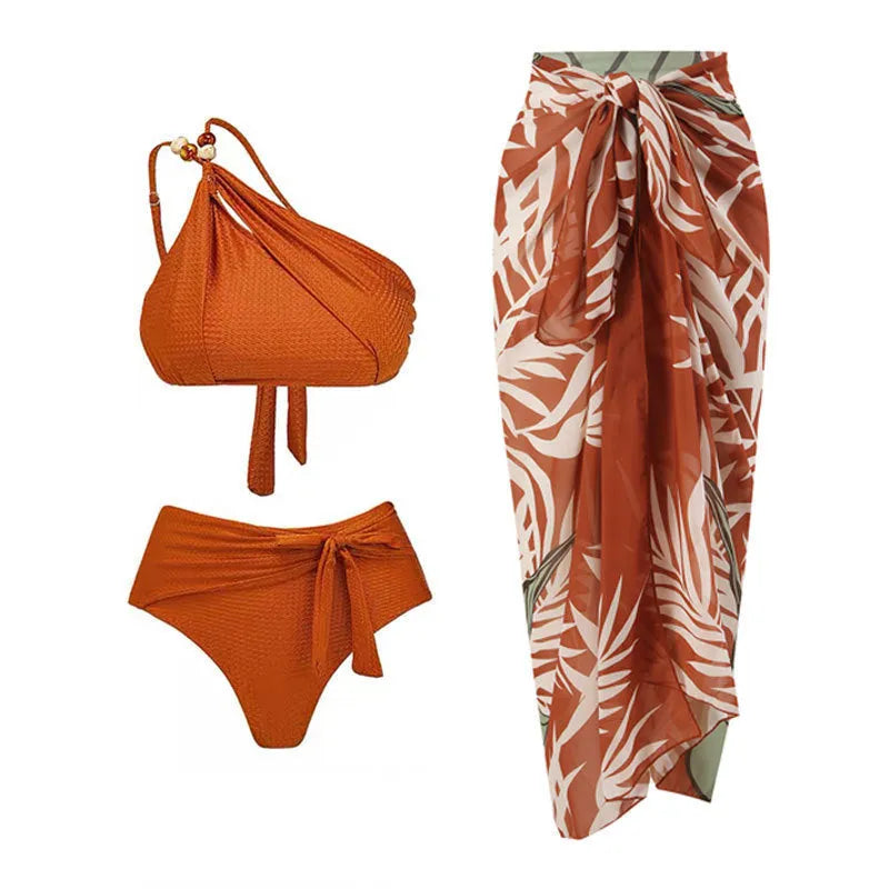 Brown high-waist push-up bikini set with chiffon dress cover-up for women