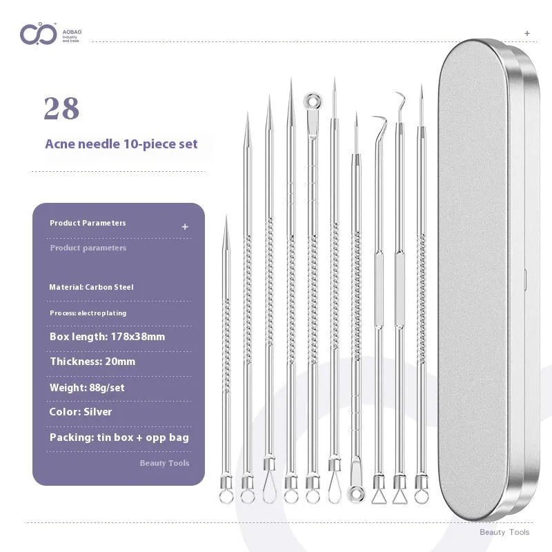 Four metal acne needles with ultra-fine pointed tips on a clean background.