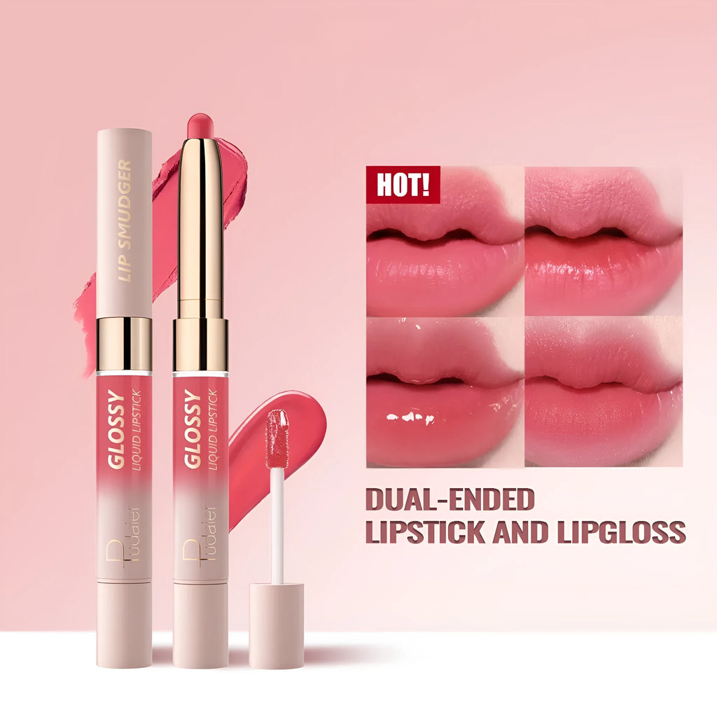 Double-headed lipstick showing matte and glossy finishes in one of 10 available colours