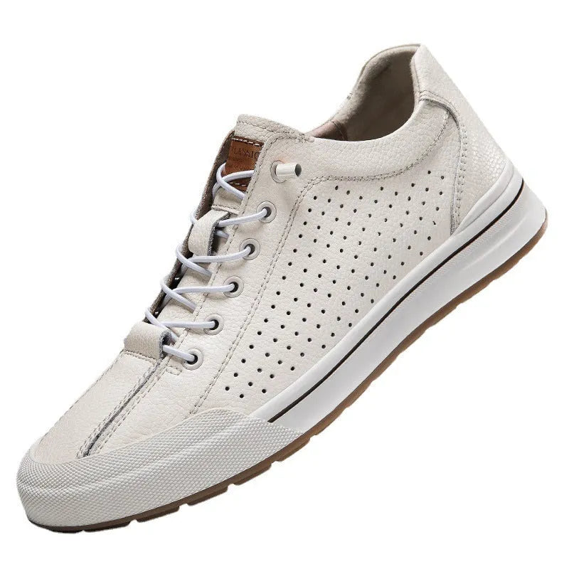 Men's white and black leather casual shoes with flat heel and round toe design showing multiple lining options