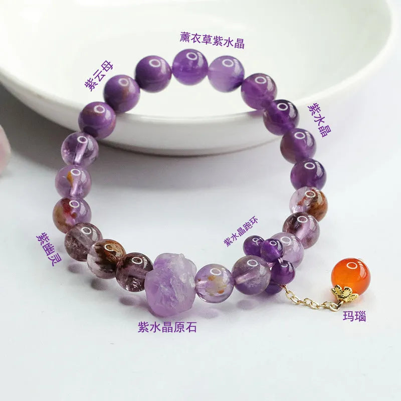 Natural nine purple amethyst and red agate Mori style bracelet for Dragon Year.