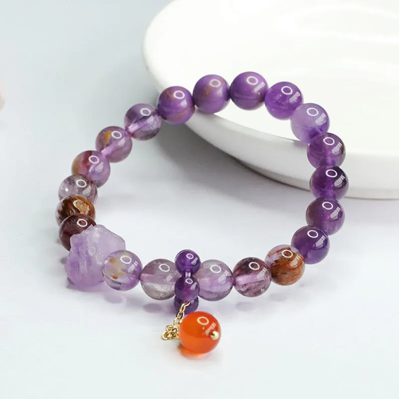 Natural nine purple amethyst and red agate Mori style bracelet for Dragon Year.