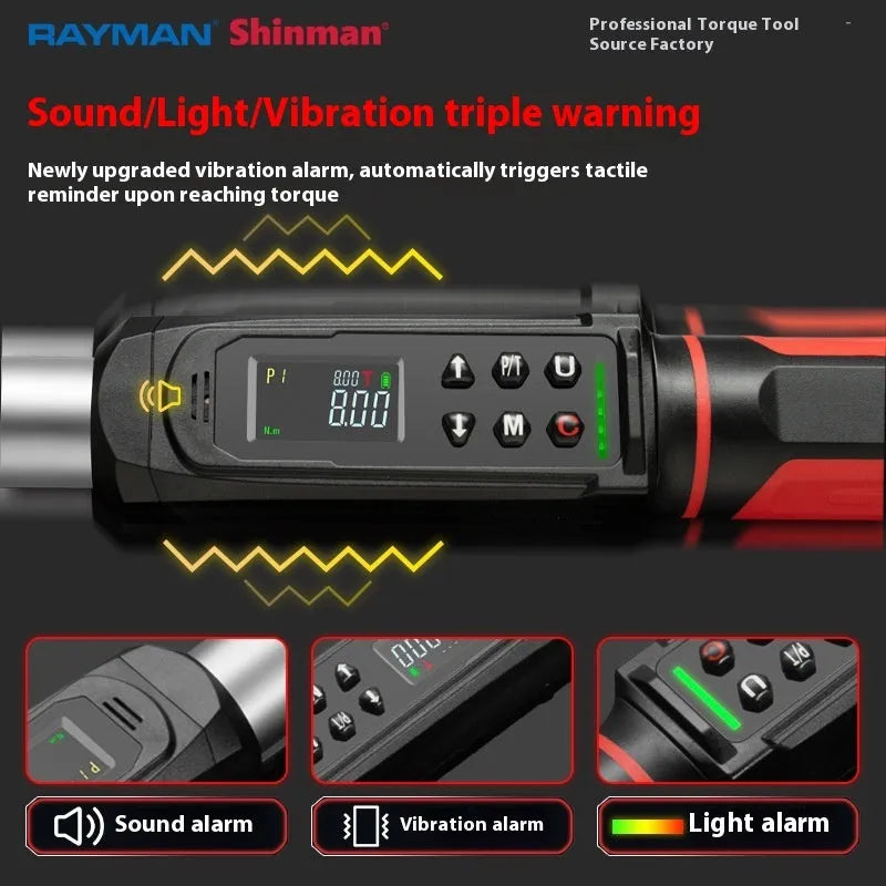 Electronic digital torque wrench with LCD screen and chrome-vanadium steel body.