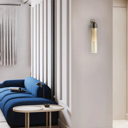 Nordic postmodern minimalist glass shade wall lamp in a modern living room setting.