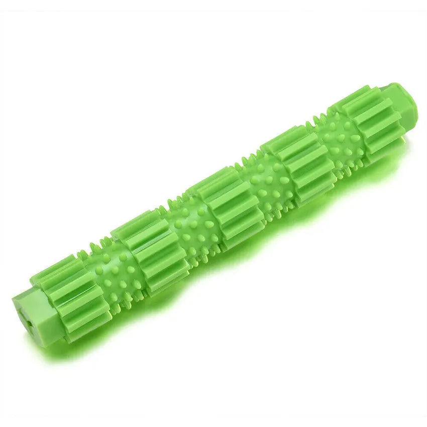 Green and orange rubber dog chew toy with hollow centre for treat dispensing