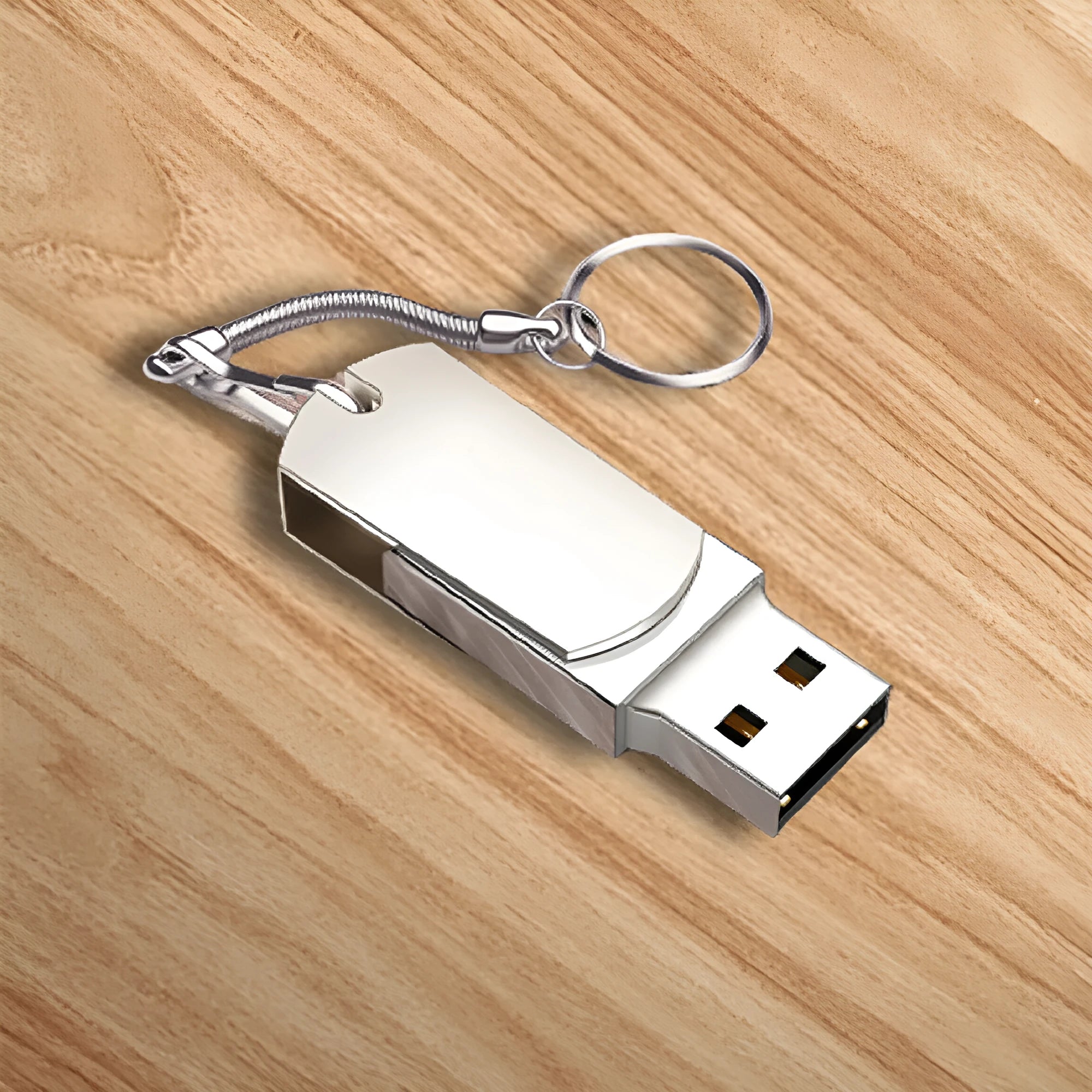 White metal rotation USB flash drive showing compact 34mm size with swivel mechanism