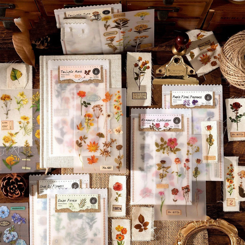 Huazhisen Series art sticker label pack showing six floral and forest-themed colour options on 85mm by 180mm sheets.