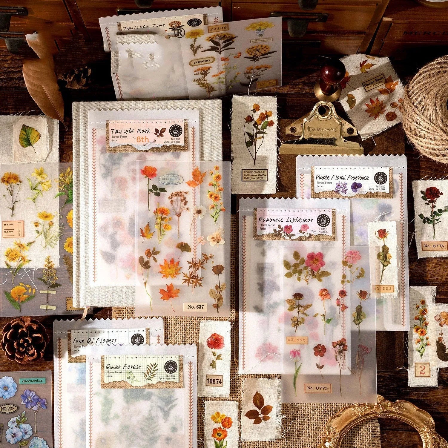 Huazhisen Series art sticker label pack showing six floral and forest-themed colour options on 85mm by 180mm sheets.