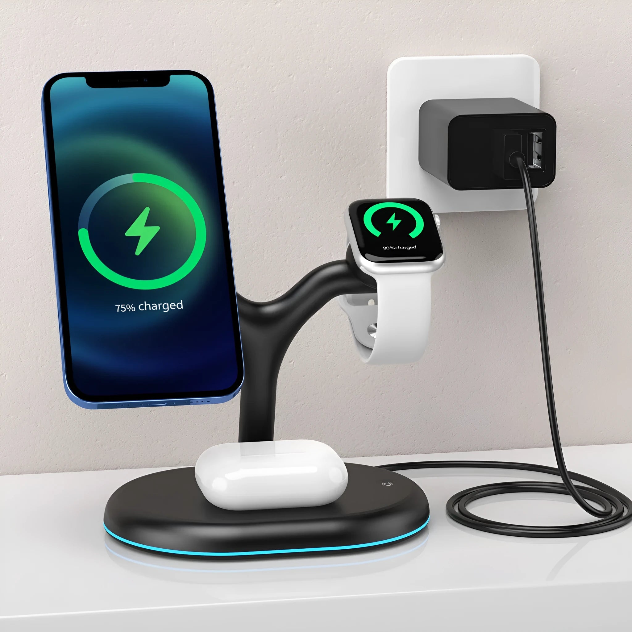 Black three-in-one magnetic wireless charger with 15V output