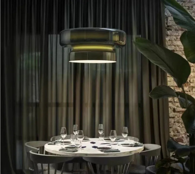 Modern simple style glass chandelier with milky white, purple, green, and brown light colours