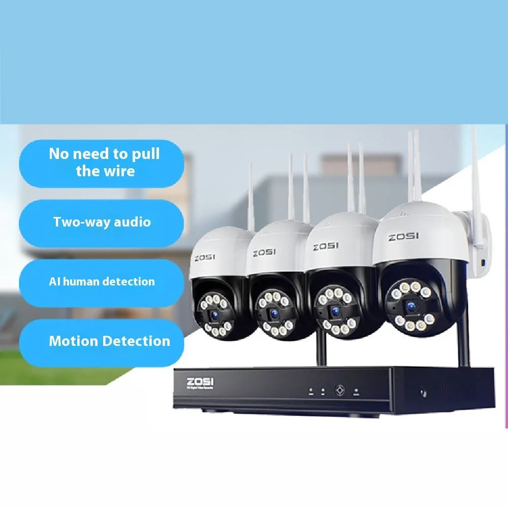 ZOSI 5MP POE security camera system with NVR, four outdoor cameras, and network components