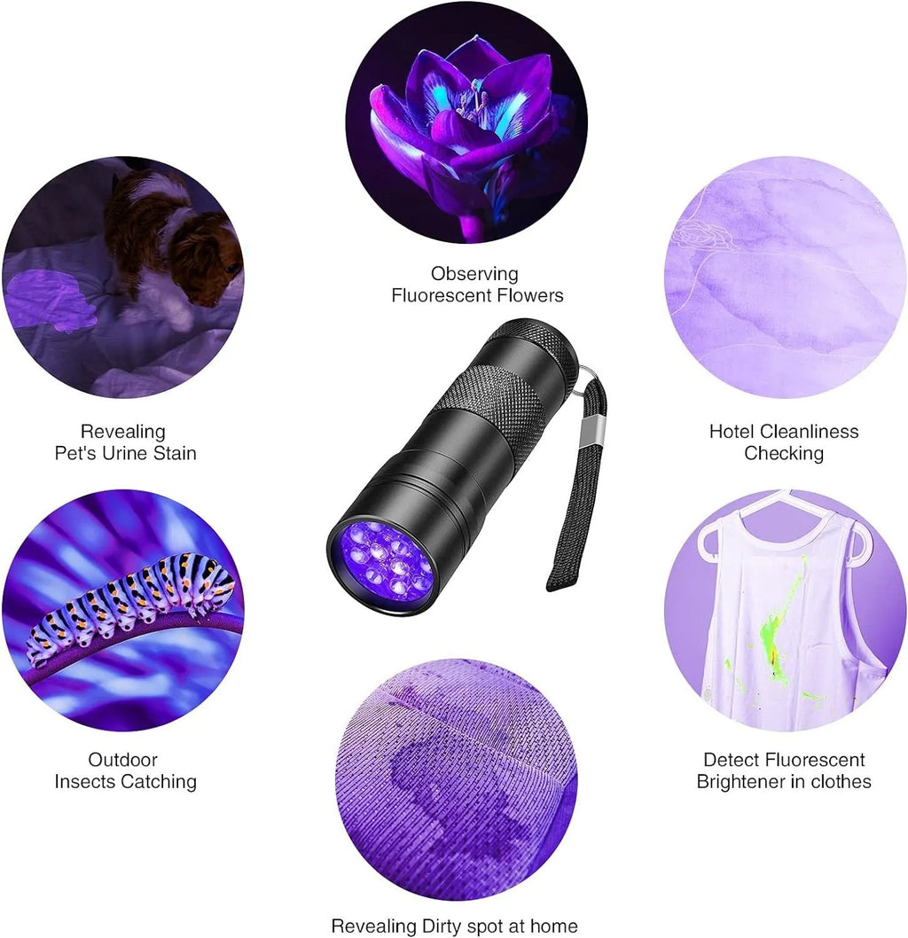 Black handheld UV flashlight torch with aluminium body for detecting pet urine stains and insects.